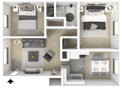 Floor plan for 2 beds, 1 bath, 840 sqft